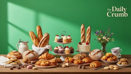 Variety of assorted baked goods on a wooden table against a green background with natural light and a vase of flowers.