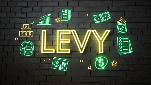 Levy tax finance neon sign concept glowing money on dark brick wall background