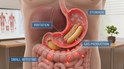 Detailed medical diagram showing adverse effects of fast food like hot dogs causing irritation and excessive gas production in stomach and small intestine