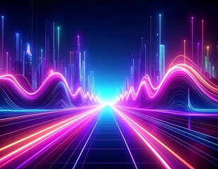 Neon city data lines converging toward a bright central portal