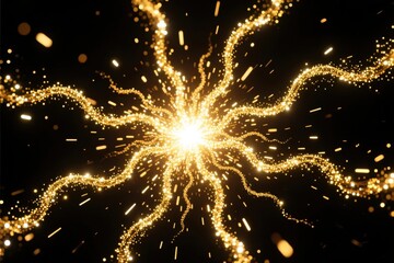 Golden Sparkle Burst on Black Background for Abstract Design