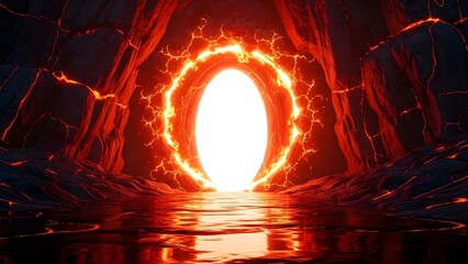Glowing magma portal opening within a dark volcanic cave structure reflecting intensely upon the wet cavern floor on white background