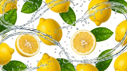 Bright fresh whole and halved yellow lemons with vibrant green leaves splashing through cool clear water droplets suspended in the air on white background