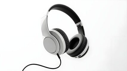 Sleek modern wired over ear headphones featuring comfortable black ear pads and a contrasting white plastic headband perfect for music listening on white background