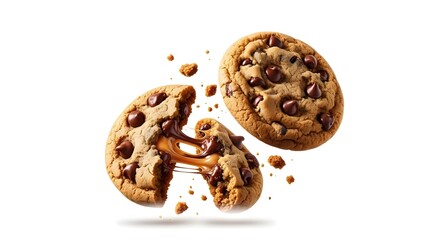 Close up of a deliciously gooey caramel and chocolate chip cookie breaking apart mid-air with crumbs scattering around the sweet baked dessert on white background