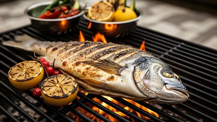 Whole sea bream fish expertly cooked over open flames on a hot barbecue grill with charred lemon halves and red berries on white background