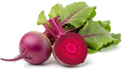 Vibrant raw red beets one whole and one perfectly sliced in half revealing concentric rings and attached leafy greens on white background