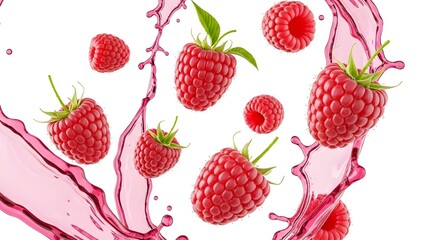 Fresh vibrant red raspberries splashing dramatically through vibrant pink juice streams creating a dynamic cascade of flavor and summer refreshment on white background
