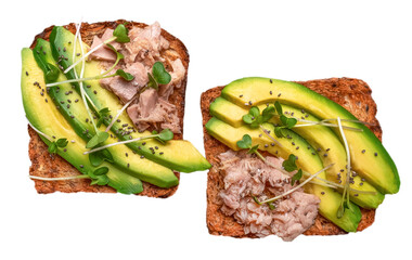 Two whole grain toasts topped with avocado slices, tuna and microgreens isolated on white background, healthy breakfast or lunch food concept with copy space for advertising and menu design