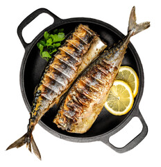 Two whole grilled fish served with lemon slices and fresh parsley in a cast iron pan, isolated on white background with copy space, top view