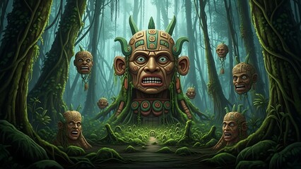 Ancient deity statue amidst lush forest with mysterious faces illustration
