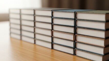 Close-up shot of a stack of hardcover books with white pages and black spines on a wooden table with a blurred background.