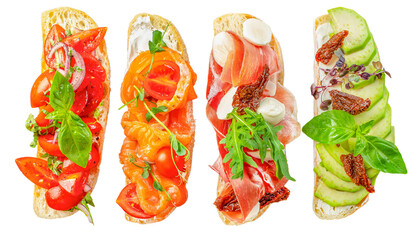 Set of assorted Italian bruschetta with fresh tomatoes and basil, smoked salmon, prosciutto with mozzarella, and avocado slices, isolated on white background, top view