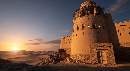 Ancient fortress architecture bathed in warm sunlight over desert landscape