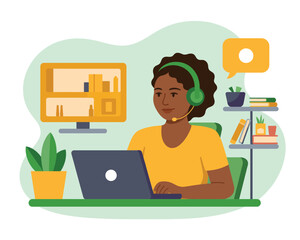 Young woman with headset working on laptop at desk with plants and computer