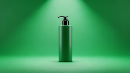 A green cylindrical bottle with a black pump dispenser stands on a green surface with a spotlight shining down on it from above, casting a gradient green background.