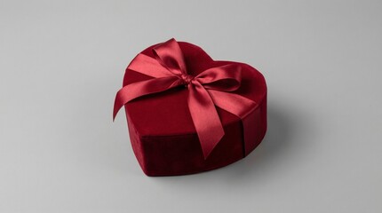 Obraz premium Luxurious red velvet heart-shaped gift box tied with a satin ribbon and bow, isolated on a clean gray background. Perfect for Valentine's Day, romance, or anniversary gifts.