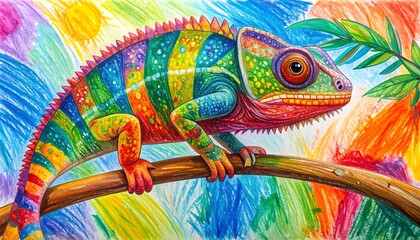 Vibrant Chameleon on Branch with Colorful Abstract Background.