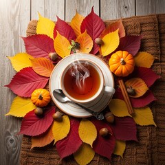 Overhead view of a steaming cup of tea on a saucer surrounded by colorful autumn leaves, small pumpkins, and acorns on a woven mat with a rustic wooden background.