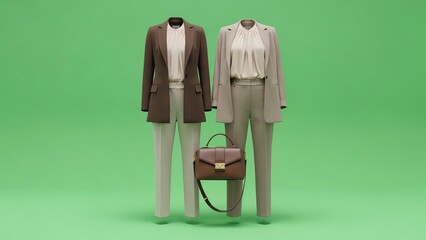 Two headless mannequins wearing business casual outfits with a handbag on a green background in a product photography style with neutral tones.
