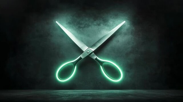 Glowing scissors neon light dark background with green glow metallic blades eerie dramatic abstract