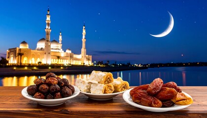 Ramadan Iftar Meal with Dates and Sweets in front of a Mosque at Night.