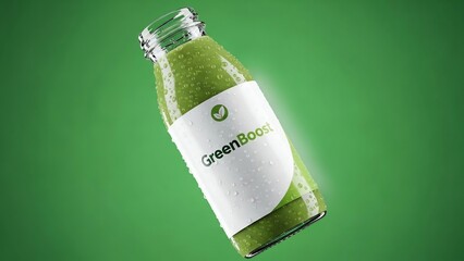 Close-up shot of a green juice bottle with a white label against a green background with a product showcase mood.