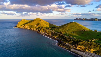 Scenic Coastal Landscape with Rolling Green Hills and Ocean Views.