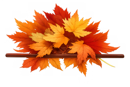 Autumn maple leaves in bright red, orange, and yellow hues creating a horizontal design on a wooden branch, transparent background - Powered by Adobe