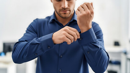 Businessman Adjusting Collar of Blue Shirt in Office Setting Preparing for Meeting