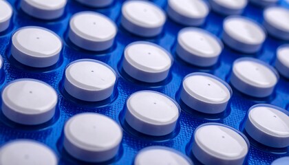 Close-up of White Round Pills in Blue Blister Pack.