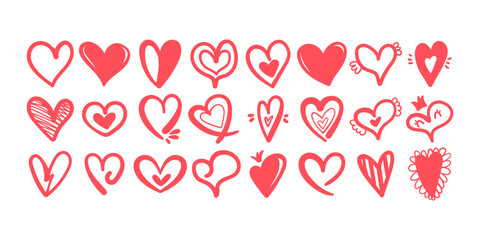Hand Drawn Heart Icon Collection. Sweet Doodle Drawings of flat nubes symbols isolated on white background. Romance and love signs perfect for wedding, Valentines Day cards, romantic posters, logo