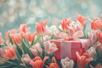 Soft Red Gift Box with Tulip Flowers in Pastel Tones, Elegant Women&rsquo;s Day Celebration Concept