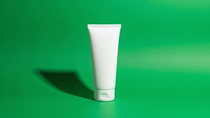 Close-up shot of a white cosmetic tube on a green background with a shadow, product photography with a minimalist style and dominant green color.