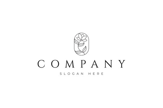 Rose flower logo in an oval frame with line art illustration design style