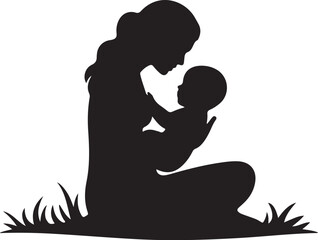 Silhouette of woman holding baby on grass