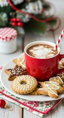 Close-up of a red mug with hot chocolate and marshmallows surrounded by assorted Christmas cookies on a festive plate with a holiday napkin and blurred decorations in the background with