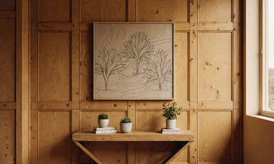 Rustic Honey Wall - Honey-toned wall panel supporting mounted screen above console decorated with books, plants, ceramics; centered eye-level shot