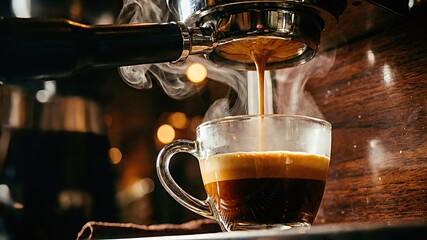 Fototapeta premium Close up of espresso pouring into glass cup with steam and dark cinematic coffee shop background.