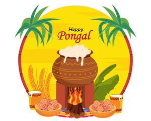 happy Pongal harvest festival of India with traditional rice pot and sugarcanes