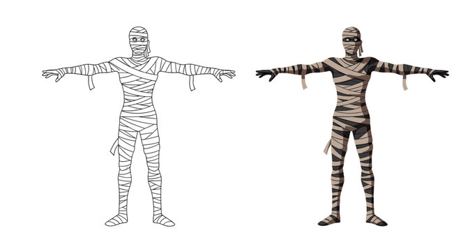 Side-by-side comparison of a line art and a fully colored cartoon mummy character standing in a T-pose on a white background.