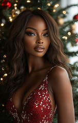 Elegant Black Woman in Red Sequin Dress by Christmas Tree With Warm Holiday Lights