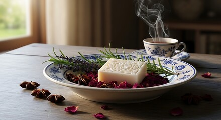 Artisanal soap and herbal arrangement with steaming tea cup composition