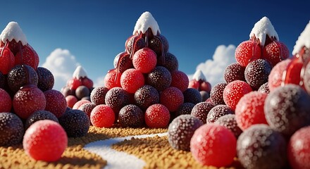 Artistic candy landscape with mountains and colorful sweets against blue sky