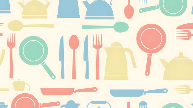 A vibrant, repeating pattern of stylized kitchen utensils and appliances in pastel colors.