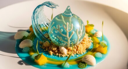 Artistic ocean themed dessert on plate with decorative elements