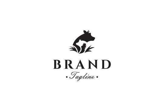 Farm logo design. Cow, chicken and pig animals in flat vector design style.