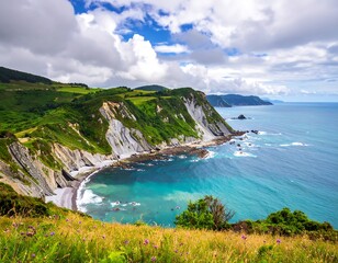 Coastal landscape showcases cliffs, sea, and lush vegetation under a cloudy sky
