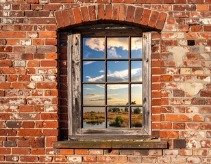 Old weathered brick building with window featuring sky and landscape