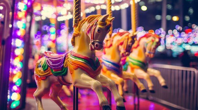 tennessine. A vibrant carousel at night with colorful horses and festive lights. wildlife magazines, conservation campaigns, designed for wildlife conservation campaigns.
